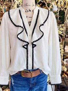 Sage Vell White Button-Front Ruffle Blouse with Black Trim